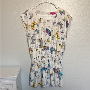 Betsey Johnson White Blouse with Blue and Purple Butterfly Print.